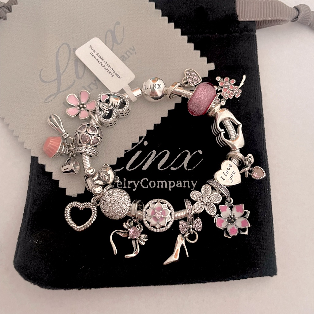 Linx Snake Chain Bracelet With Pink Themed Charms 925 Sterling Silver